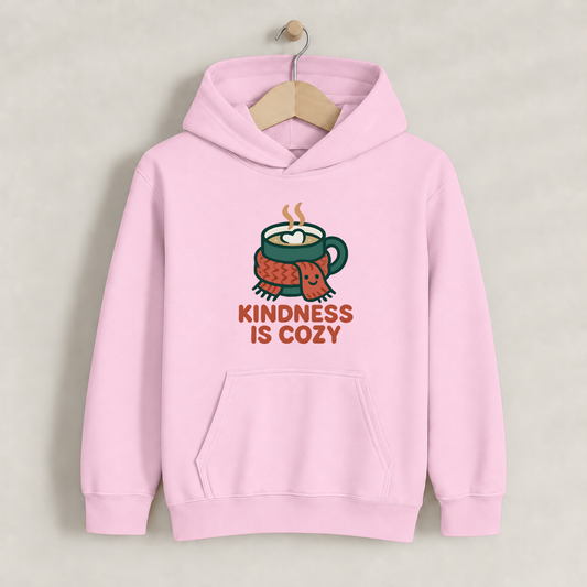 Kindness Is Cozy – Kids Classic Hoodie Sweatshirt on a wooden hanger and wall peg; original artwork on fabric