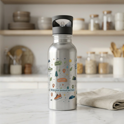 Adventure Camping Water Bottle — 20oz Stainless Steel with Straw (Outdoor Icons)
