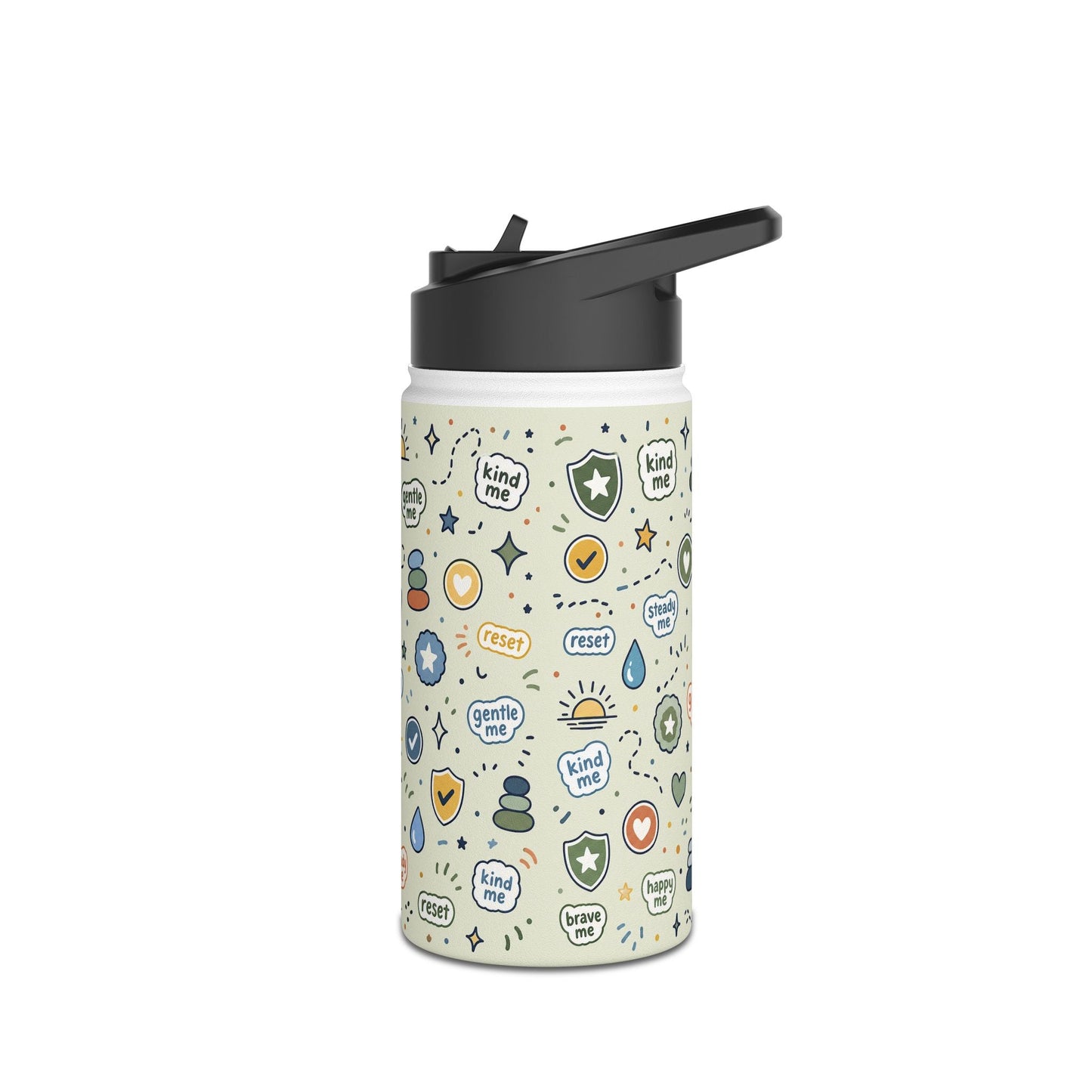 Positive Affirmation Pattern 12oz white water bottle included in Best Buddy School-Day Comfort Kit