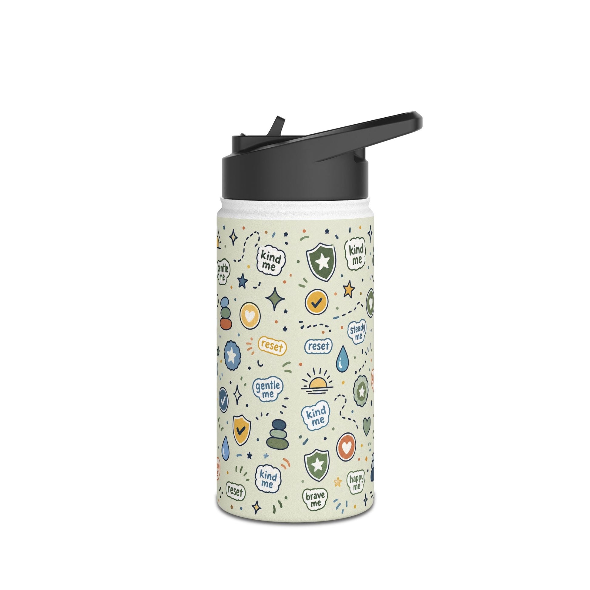 Positive Affirmation Pattern 12oz white water bottle included in Best Buddy School-Day Comfort Kit