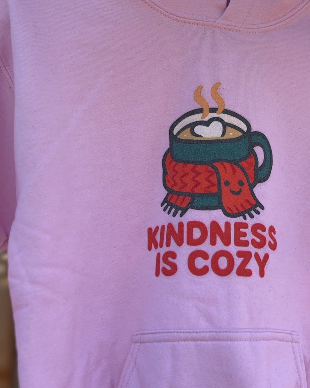 Real product close-up: Kindness Is Cozy (Light Pink) — original garment and print