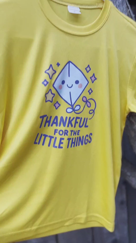 Real product video: Thankful for the Little Things — yellow long-sleeve sample, original sound, shirt-focused edit