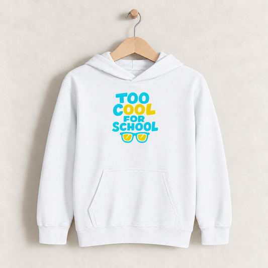 Cool – Kids Classic Hoodie Sweatshirt on a wooden hanger and wall peg, with a naturally collapsed hood