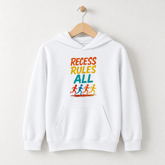 Recess Rules All – Kids Classic Hoodie Sweatshirt on a wooden hanger and wall peg, with a naturally collapsed hood