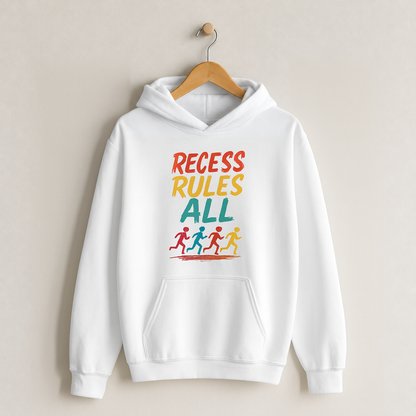 Recess Rules All – Kids Classic Hoodie Sweatshirt on a wooden hanger and wall peg, with a naturally collapsed hood