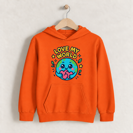 Love My World – Kids Classic Hoodie Sweatshirt on a wooden hanger and wall peg, with a naturally collapsed hood