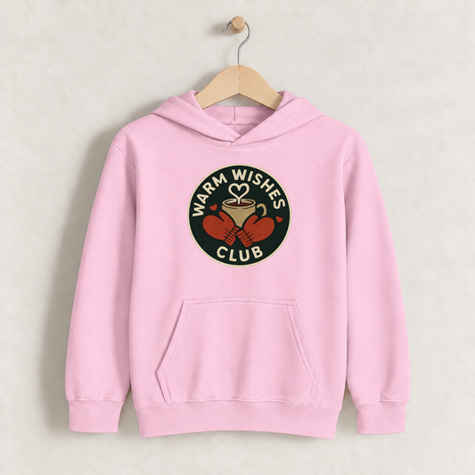 Warm Wishes Club – Kids Classic Hoodie Sweatshirt on a wooden hanger and wall peg, with a naturally collapsed hood