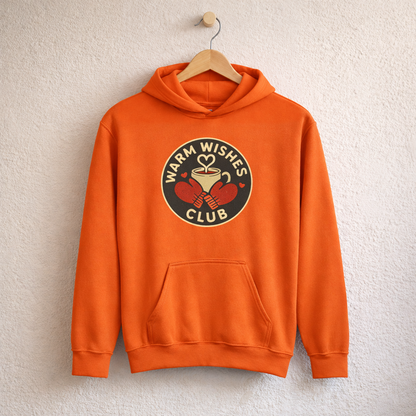 Warm Wishes Club – Kids Classic Hoodie Sweatshirt on a wooden hanger and wall peg, with a naturally collapsed hood