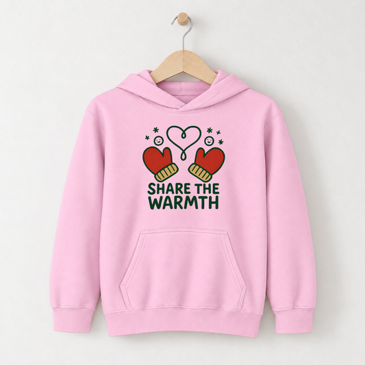 Share The Warmth – Kids Classic Hoodie Sweatshirt on a wooden hanger and wall peg, with a naturally collapsed hood