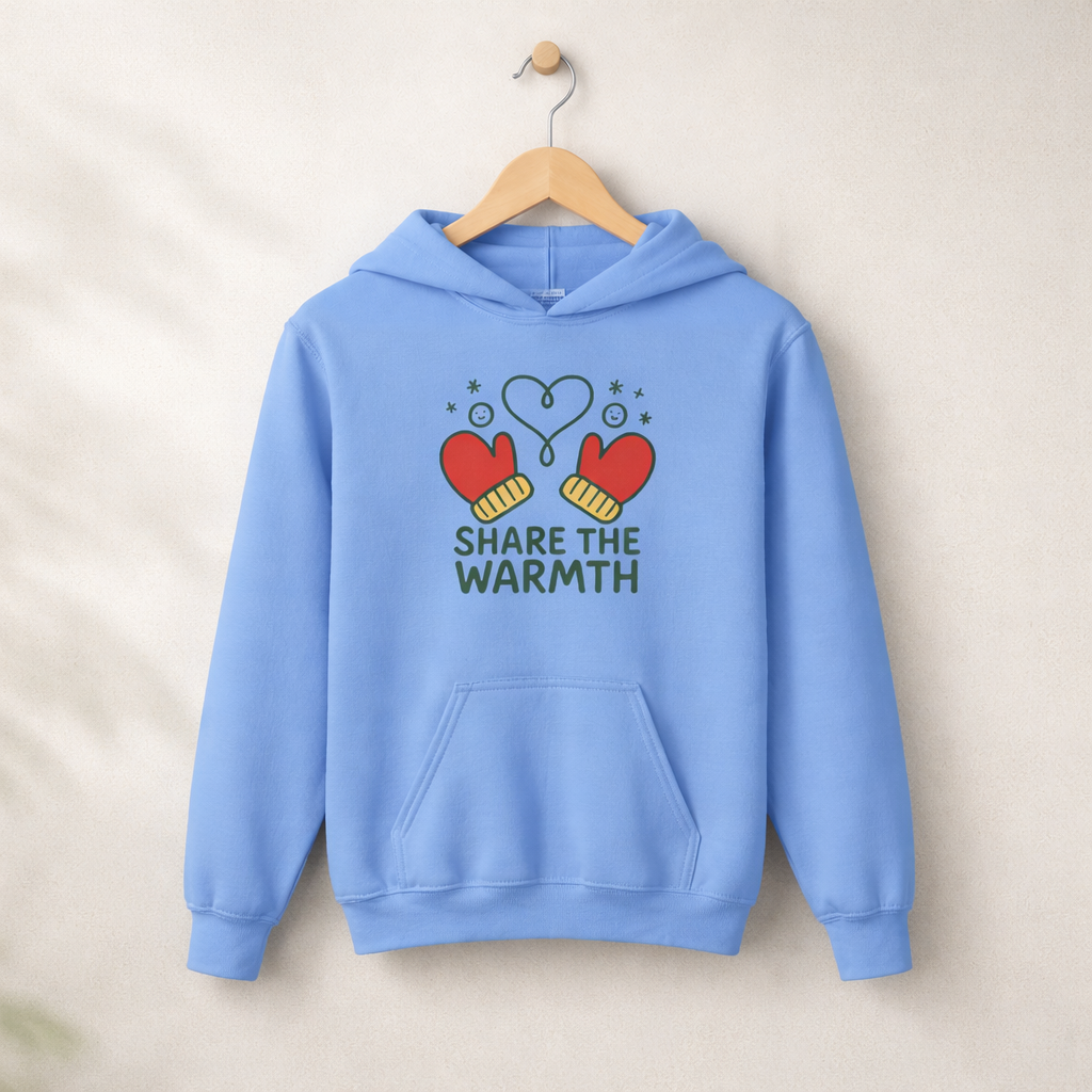 Share The Warmth – Kids Classic Hoodie Sweatshirt on a wooden hanger and wall peg, with a naturally collapsed hood