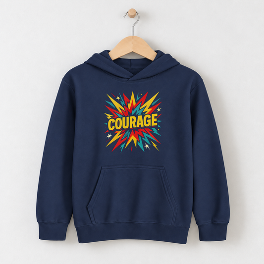 Courage – Kids Classic Hoodie Sweatshirt on a wooden hanger and wall peg, with a naturally collapsed hood