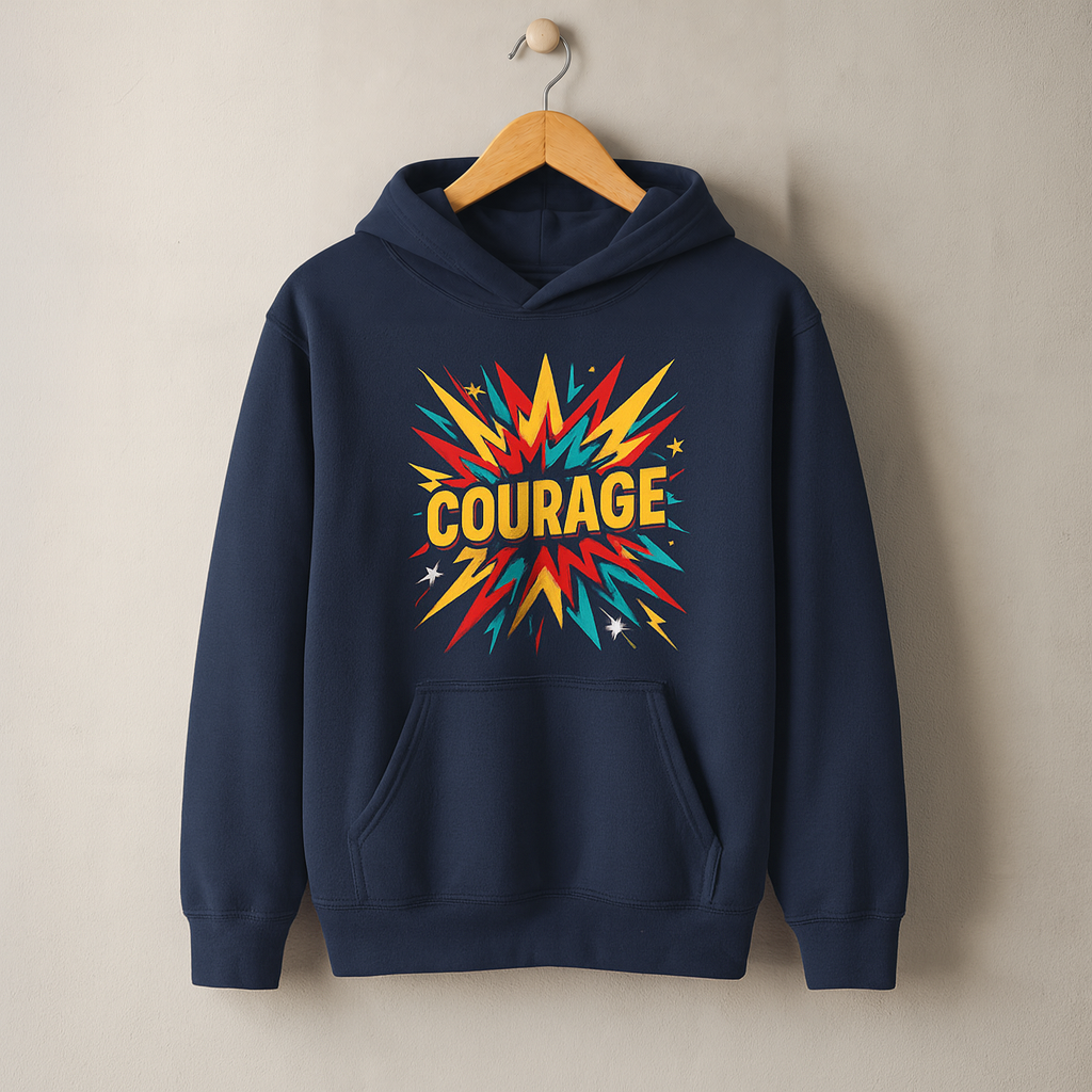 Courage – Kids Classic Hoodie Sweatshirt on a wooden hanger and wall peg, with a naturally collapsed hood