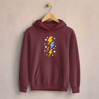 Retro Colorful Thunderbolt – Kids Classic Hoodie Sweatshirt on a wooden hanger and wall peg, with a naturally collapsed hood