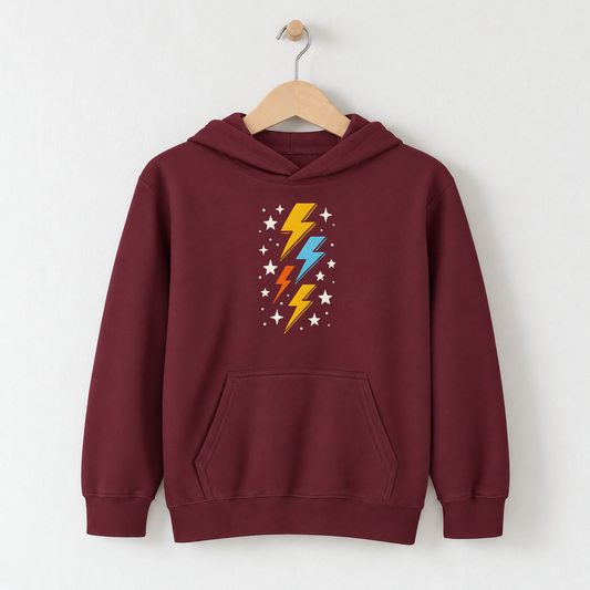 Retro Colorful Thunderbolt – Kids Classic Hoodie Sweatshirt on a wooden hanger and wall peg, with a naturally collapsed hood
