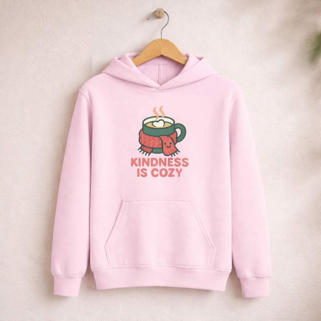 Kindness Is Cozy – Kids Classic Hoodie Sweatshirt on a wooden hanger and wall peg, with a naturally collapsed hood