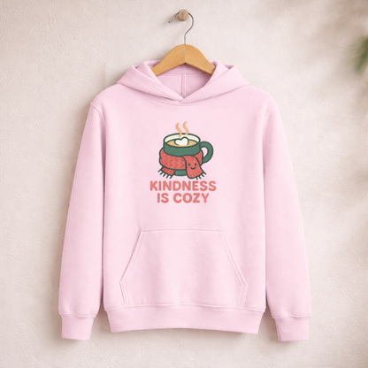 Kindness Is Cozy – Kids Classic Hoodie Sweatshirt on a wooden hanger and wall peg, with a naturally collapsed hood