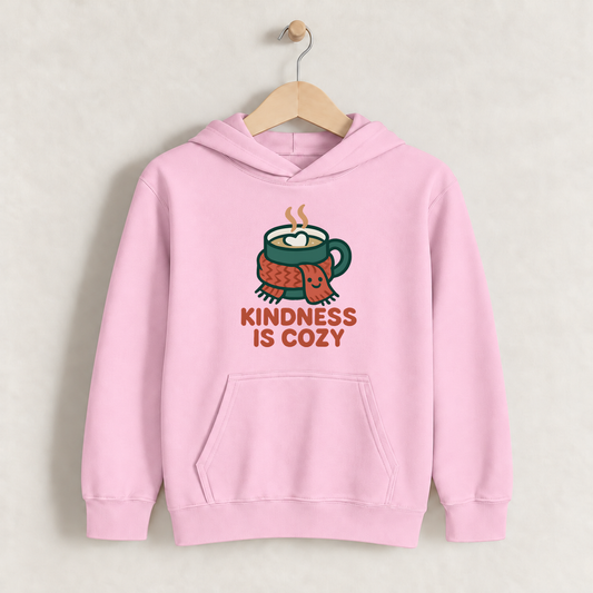 Kindness Is Cozy – Kids Classic Hoodie Sweatshirt on a wooden hanger and wall peg, with a naturally collapsed hood