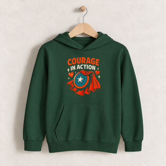 Courage In Action – Kids Classic Hoodie Sweatshirt on a wooden hanger and wall peg, with a naturally collapsed hood