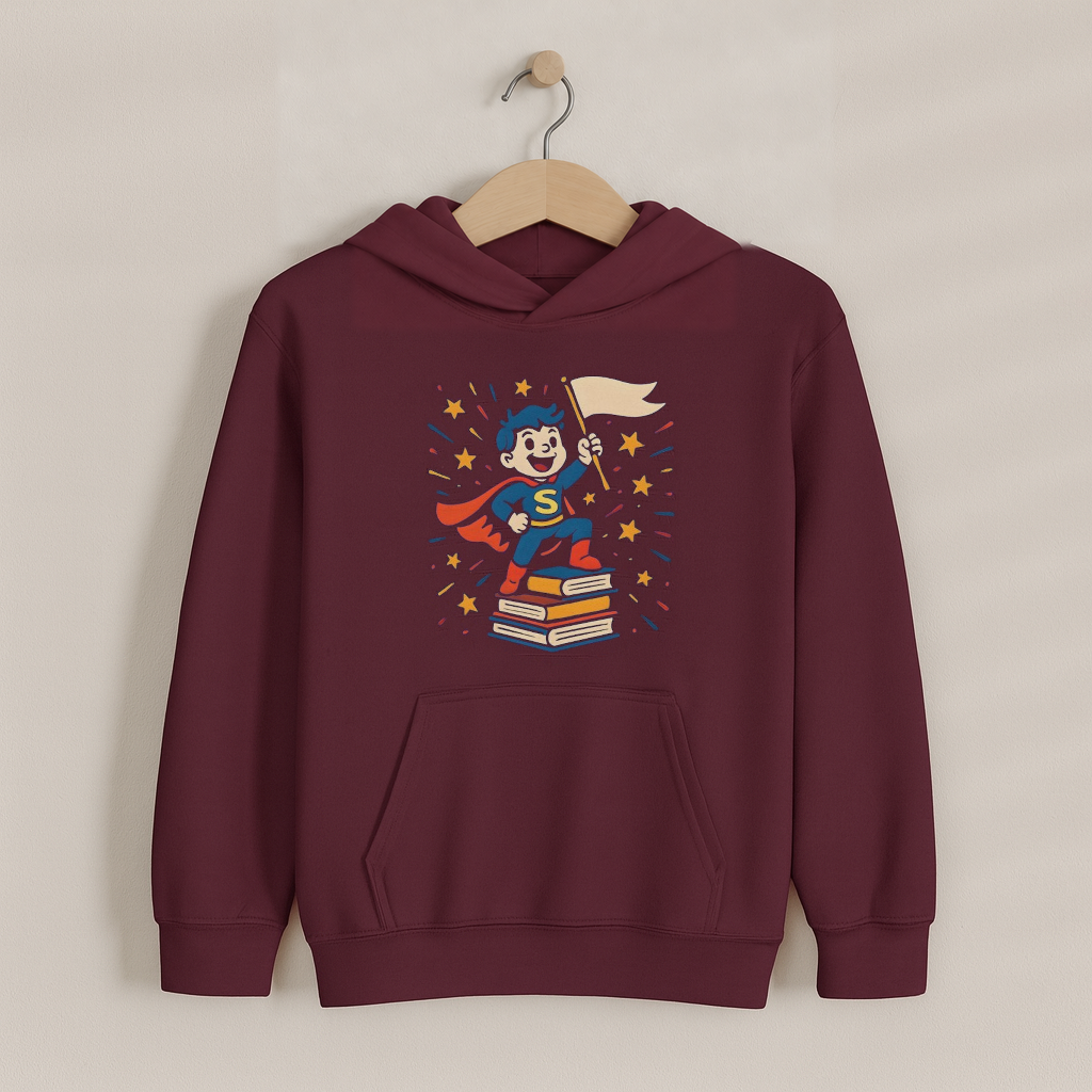 Cute Bookworm Superhero – Kids Classic Hoodie Sweatshirt on a wooden hanger and wall peg