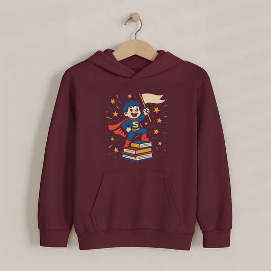 Cute Bookworm Superhero – Kids Classic Hoodie Sweatshirt on a wooden hanger and wall peg