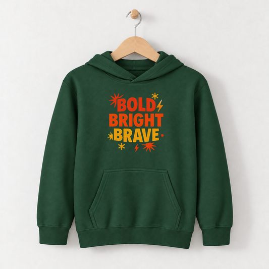 Bold Bright Brave – Kids Classic Hoodie Sweatshirt on a wooden hanger and wall peg, with a naturally collapsed hood