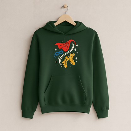 Superhero Cape & Mask Banana – Kids Classic Hoodie Sweatshirt on a wooden hanger and wall peg, with a naturally collapsed hood