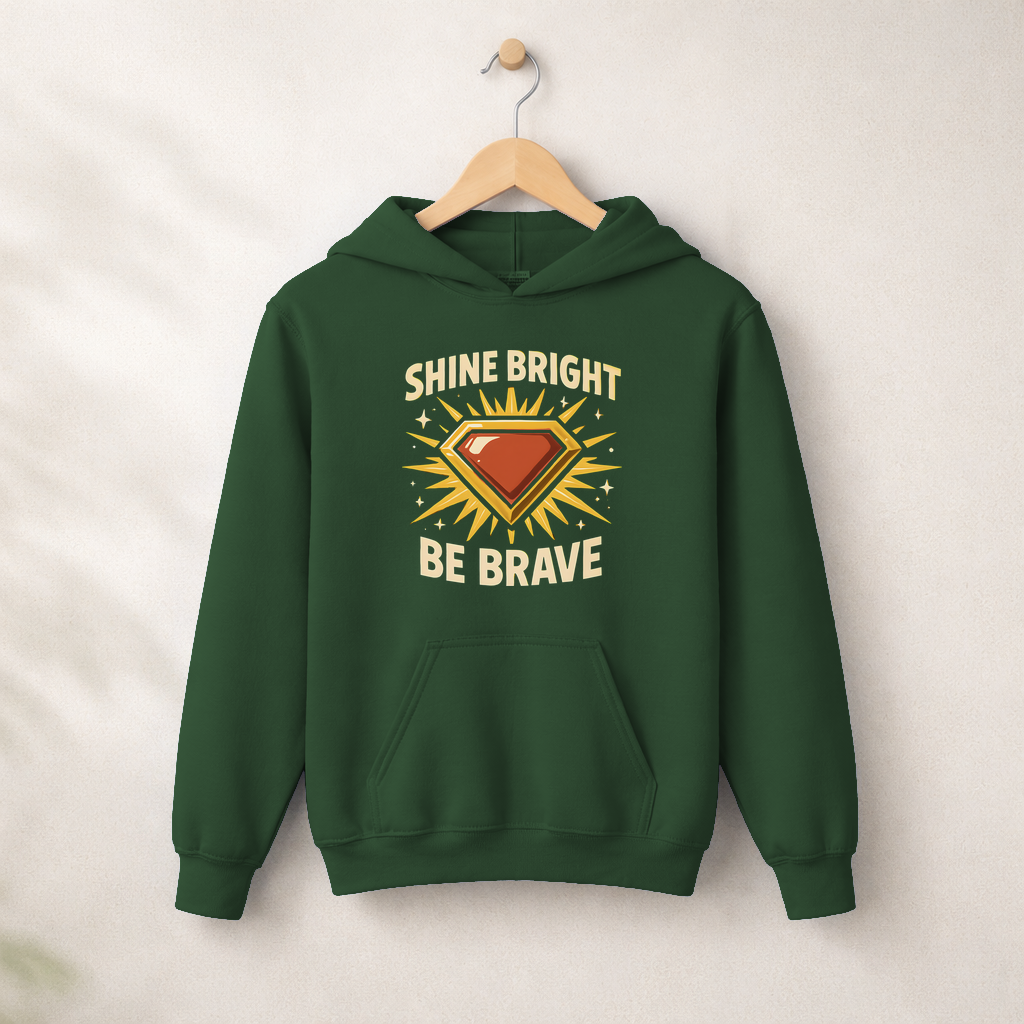 Shine Bright Be Brave – Kids Classic Hoodie Sweatshirt on a wooden hanger and wall peg