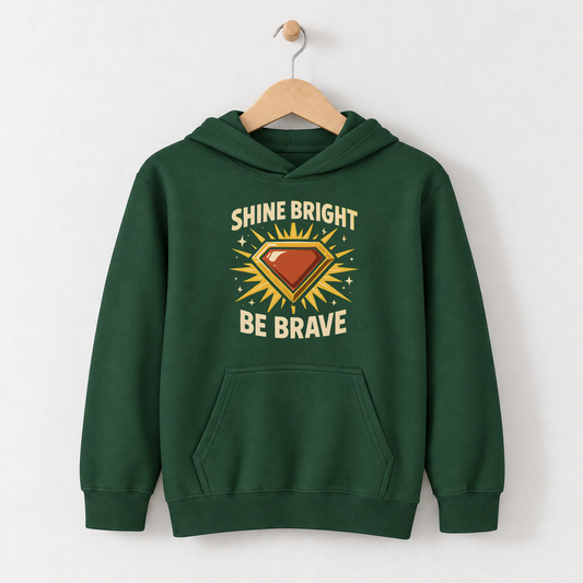Shine Bright Be Brave – Kids Classic Hoodie Sweatshirt on a wooden hanger and wall peg, with a naturally collapsed hood