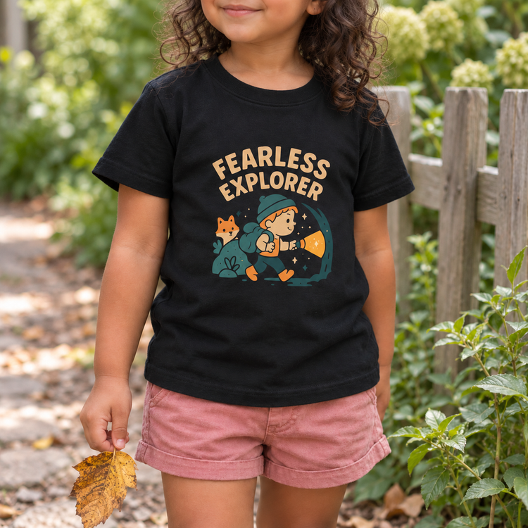AI-styled mockup of a toddler girl wearing the black Fearless Explorer T-shirt outdoors