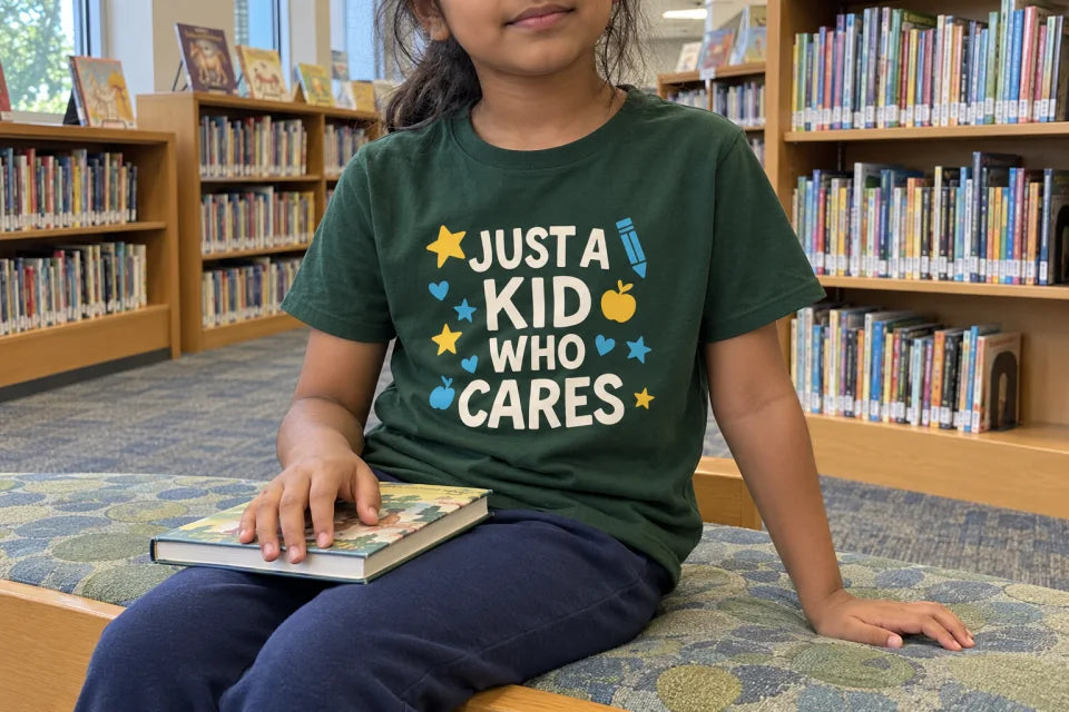 AI-styled scene of a child seated with a book in the green Just a Kid Who Cares tee