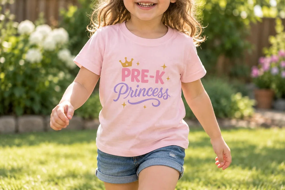 AI-styled scene of a child playing in the pink Pre-K Princess tee