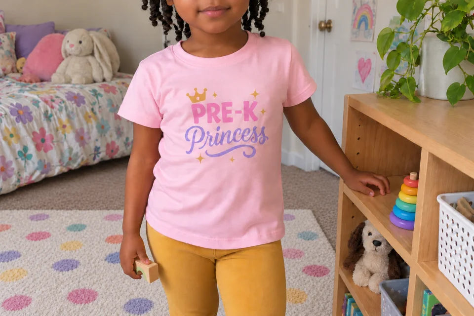 AI-styled scene of a child holding a wooden toy in the pink Pre-K Princess tee