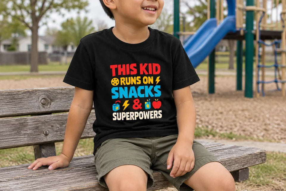 AI-styled scene of a child seated on a playground bench in the black Snack Superpowers tee